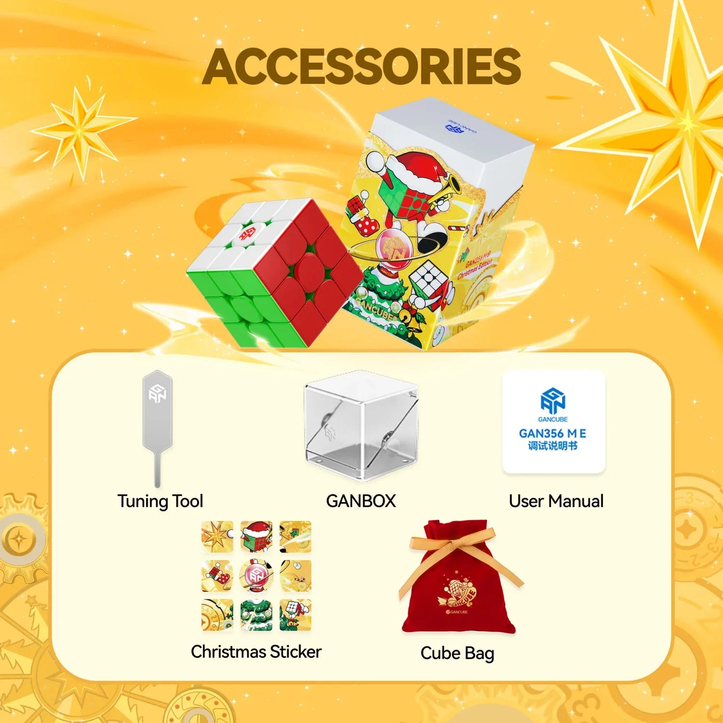 GAN356 M E Christmas edition Rubik's cube accessories including tuning tool, GANBOX, user manual, stickers, and red cube bag