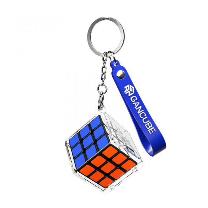 Gancube 3x3 mini puzzle cube keychain with blue and orange stickers and blue Gancube strap