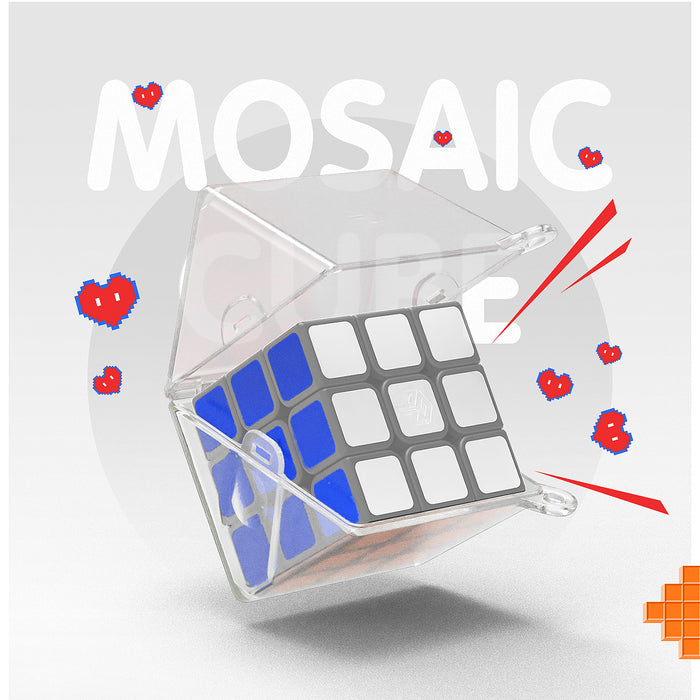 GanCube 3x3 puzzle cube in transparent protective case with pixel hearts and MOSAIC text