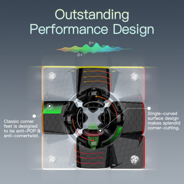 Top view of GANCube 356 Air M speed cube showing anti-pop corner feet and single-curved surface design for performance