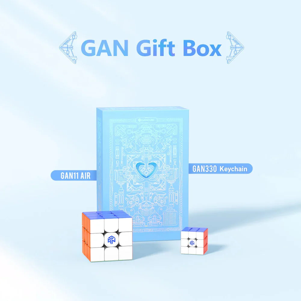 Blue GAN Gift Box with GAN11 Air 3x3 cube and small GAN330 keychain cube on white background