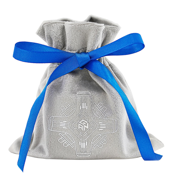 Gray soft fabric bag with blue ribbon and white geometric design on front