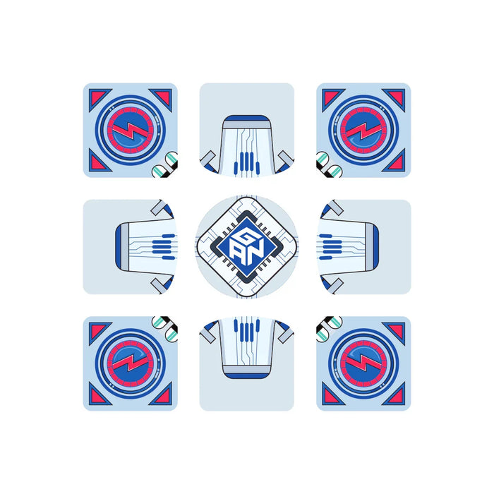 GAN Cube Brainstorming puzzle sticker set with blue, red, and white circuit design elements