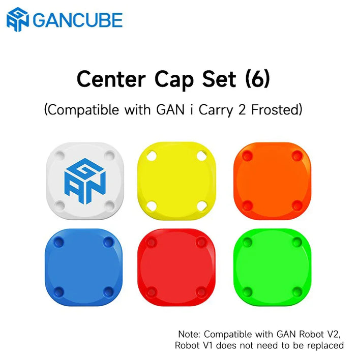 Set of six colorful center caps for GAN Cube i Carry 2 Frosted with GAN logo on white cap
