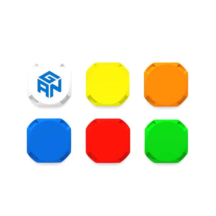 Set of six square Rubik's Cube center caps in white with GAN logo, yellow, orange, blue, red, and green colors