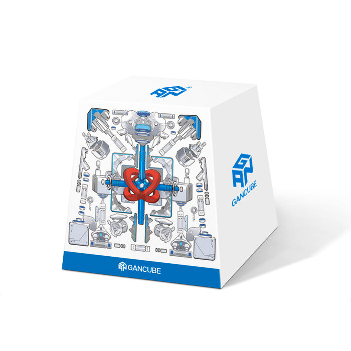 GANCUBE branded white cube-shaped packaging with blue and red mechanical design and logo