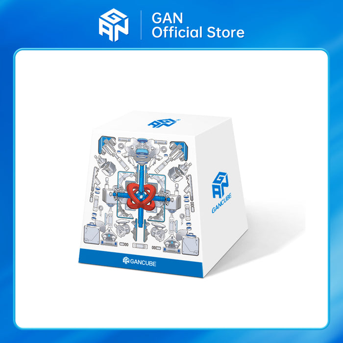 White GAN Cube packaging box with exploded Rubik's cube mechanics diagram and blue GAN branding
