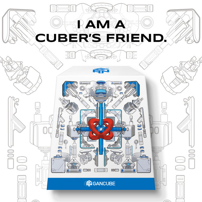 GANCUBE branded puzzle cube packaging with intricate blue and red mechanical design and text I AM A CUBER'S FRIEND