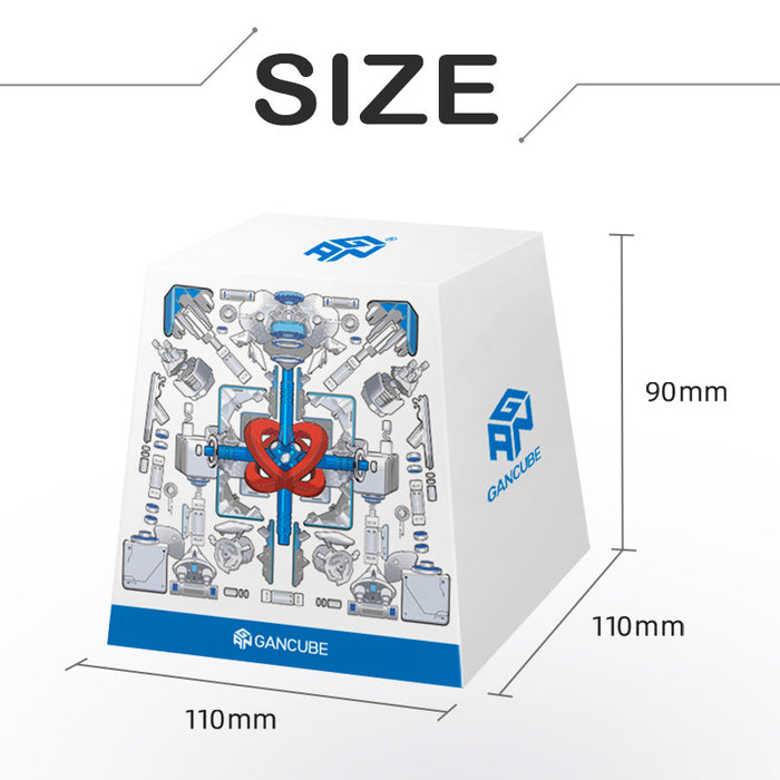 GANCUBE product box with mechanical diagram, dimensions 110x110x90mm, white and blue packaging