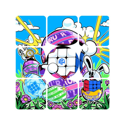 Colorful Easter-themed sticker featuring a Rubik's Cube, decorated eggs, and two cartoon bunny characters in a bright outdoor setting