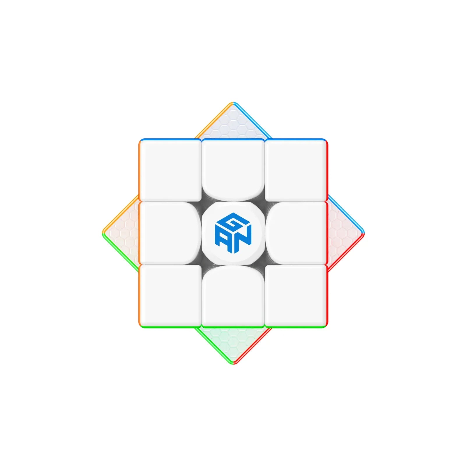 Top view of a white GAN 3x3 Rubik's Cube with colored edges and GAN logo center piece