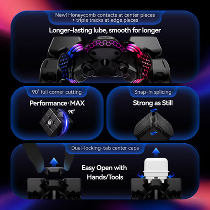 Gan16 Maglev Max Rubik's cube internal mechanism showing honeycomb contacts, 90° corner cutting, snap-in splicing, and dual-locking tabs