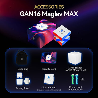 GAN16 Maglev MAX speed cube and accessories including cube bag, identity card, GAN box, tuning tools, user manual, and magnet rods