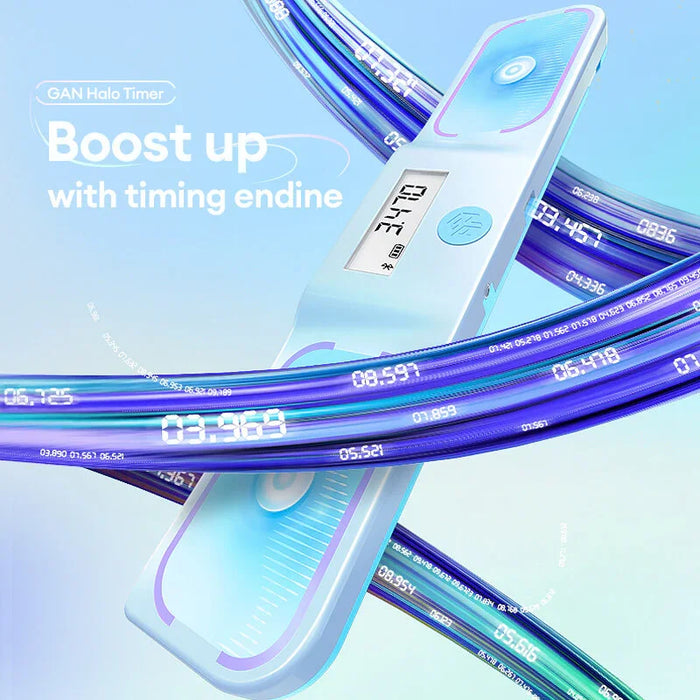 GAN Halo Timer displayed with dynamic blue timing data streams on light background