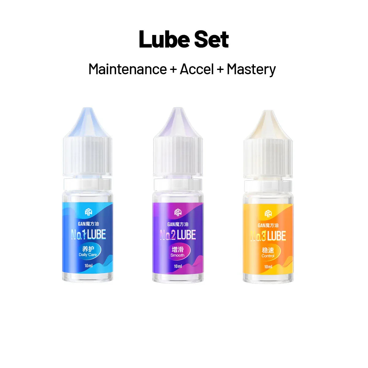 GAN Cube lube set with three 10ml bottles labeled No.1 Daily Care, No.2 Smooth, No.3 Control