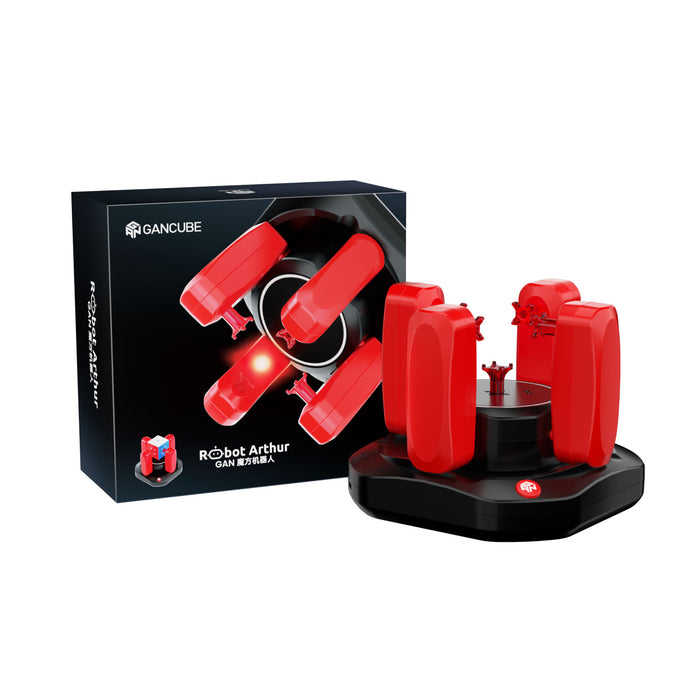 GAN Robot Arthur red and black cube-solving robot with packaging box on white