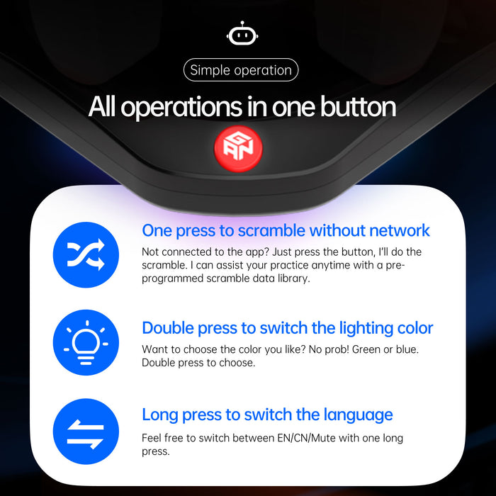 Gancube Robot V2 close-up showing a single red button with instructions for scrambling, lighting color, and language switch
