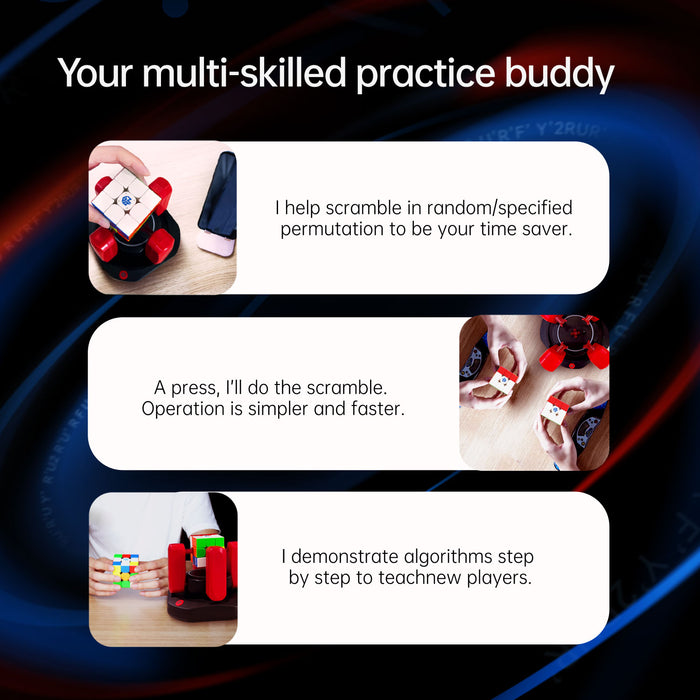 Gancube Robot V2 with hands holding Rubik's Cubes demonstrating scrambling and algorithm teaching features