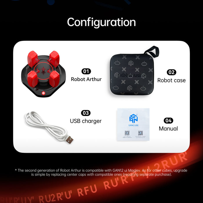 GAN Robot Arthur set with robotic cube, black carrying case, white USB charger, and user manual