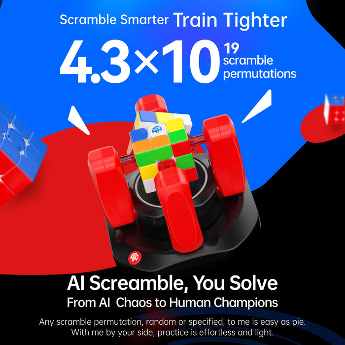 GAN Robot V2 with AI scramble for Rubik's Cube showing 4.3x10^19 scramble permutations, training tool