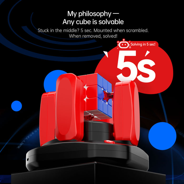 Gancube Robot V2 solving a Rubik's Cube in 5 seconds with red clamps and a black base