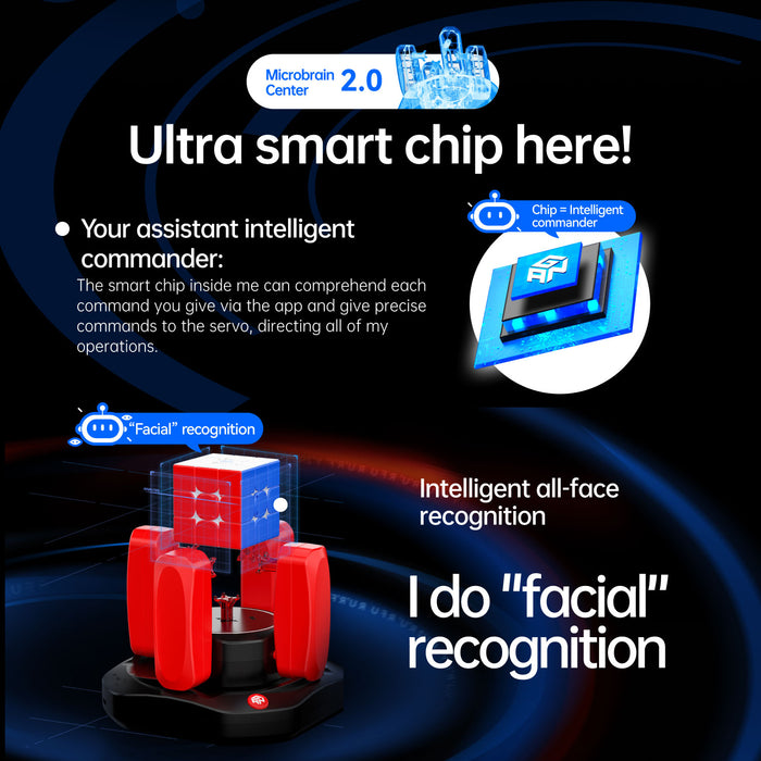 Red and black robot with facial recognition chip and Microbrain Center 2.0 for intelligent commands