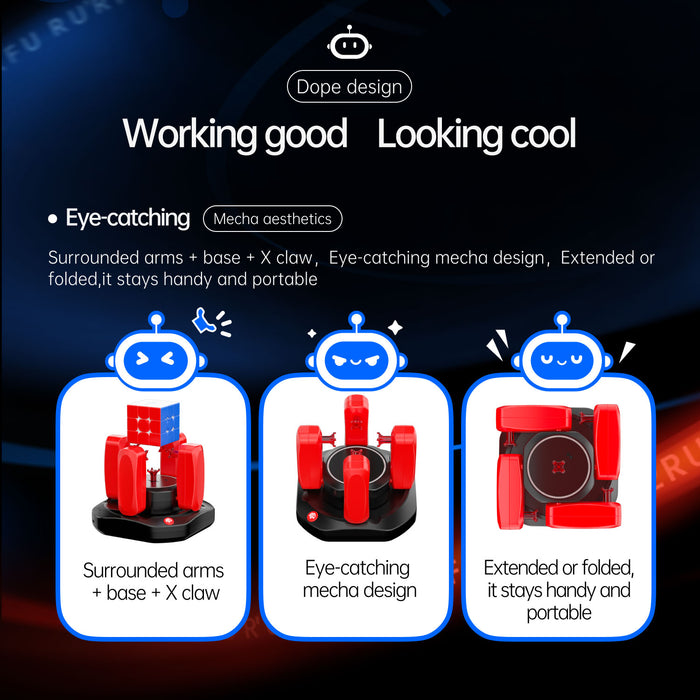 Red Gancube Robot V2 with surrounded arms and X claw on black base, portable mecha design