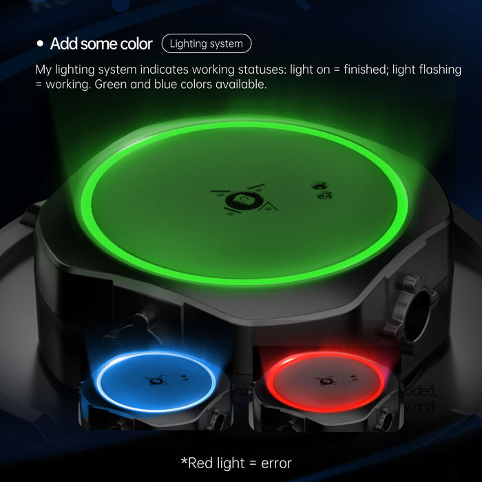 Close-up of a device lighting system with a green glowing ring indicating finished status, and blue and red rings representing working and error states