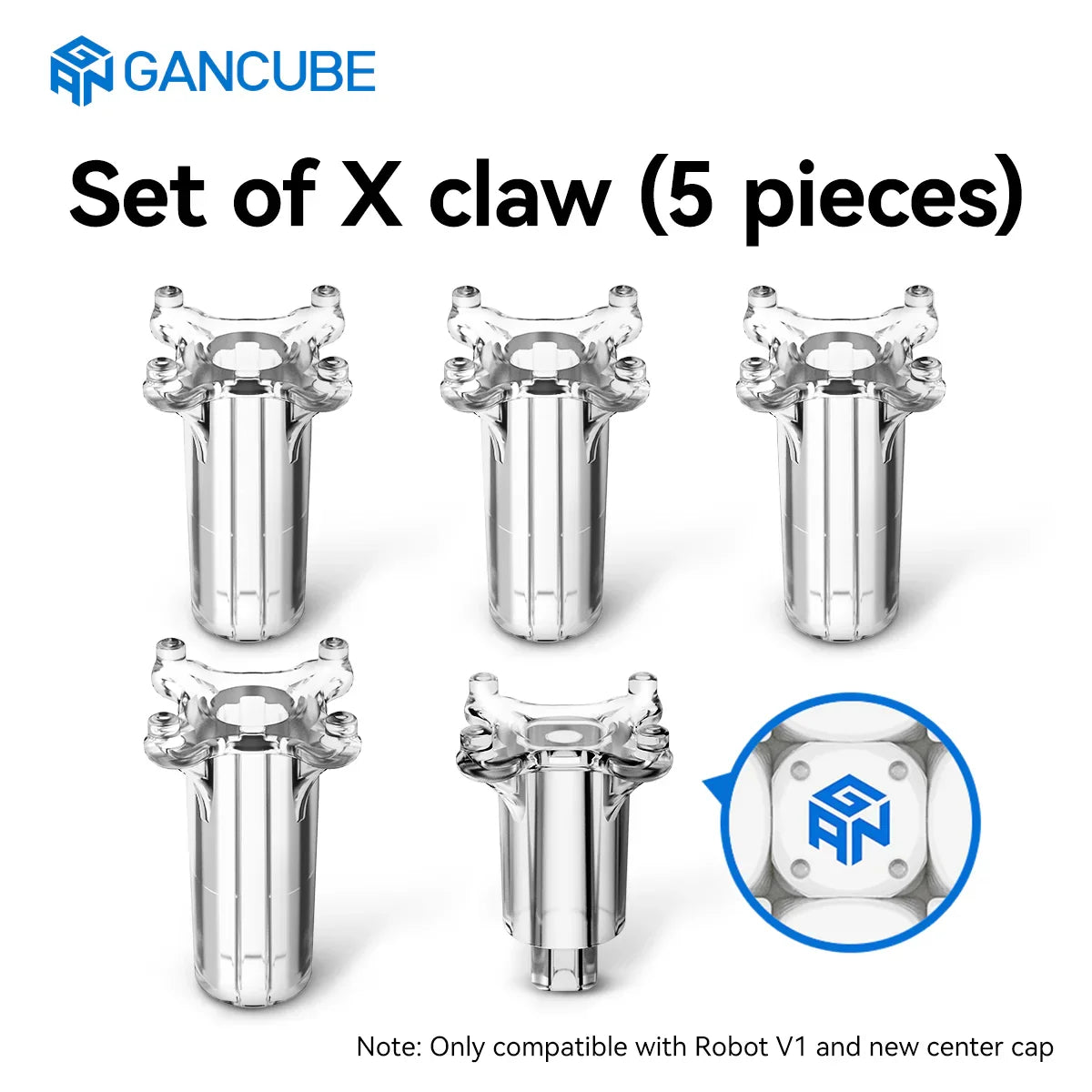 Set of five transparent GANCUBE Robot V2 claw replacements with GAN logo, compatible with Robot V1