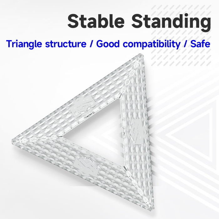 Silver textured triangular stand with hollow center demonstrating stable triangle structure for good compatibility and safety