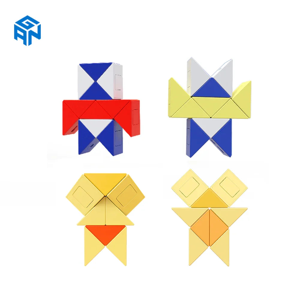 Four colorful geometric twist puzzles in red, blue, yellow, and orange arranged on a white background