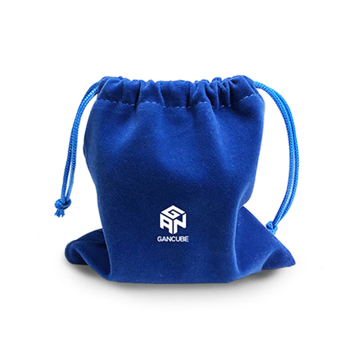 Blue velvet drawstring pouch with GAN CUBE logo embroidered on front