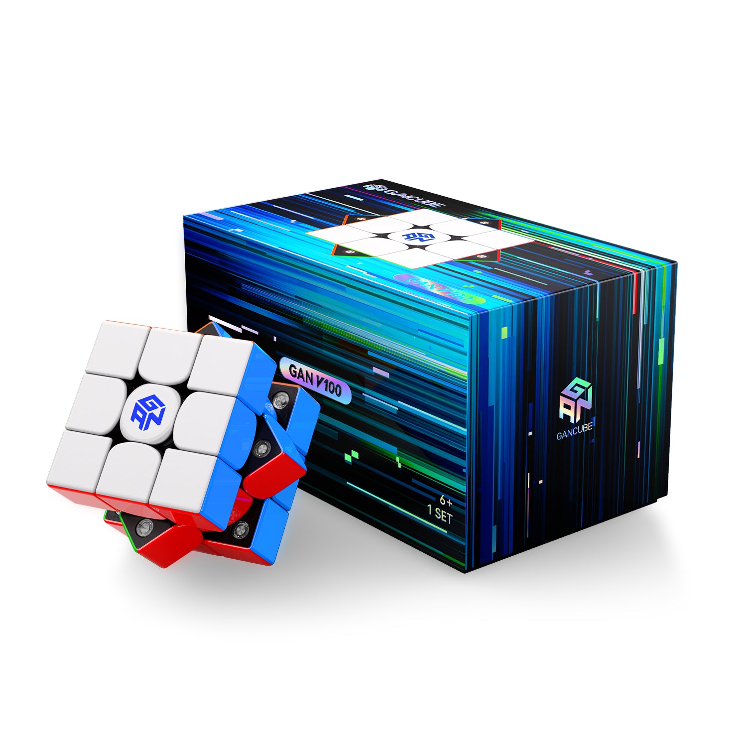 GAN Cube V100 maglev speed cube with colorful blue packaging box on white background