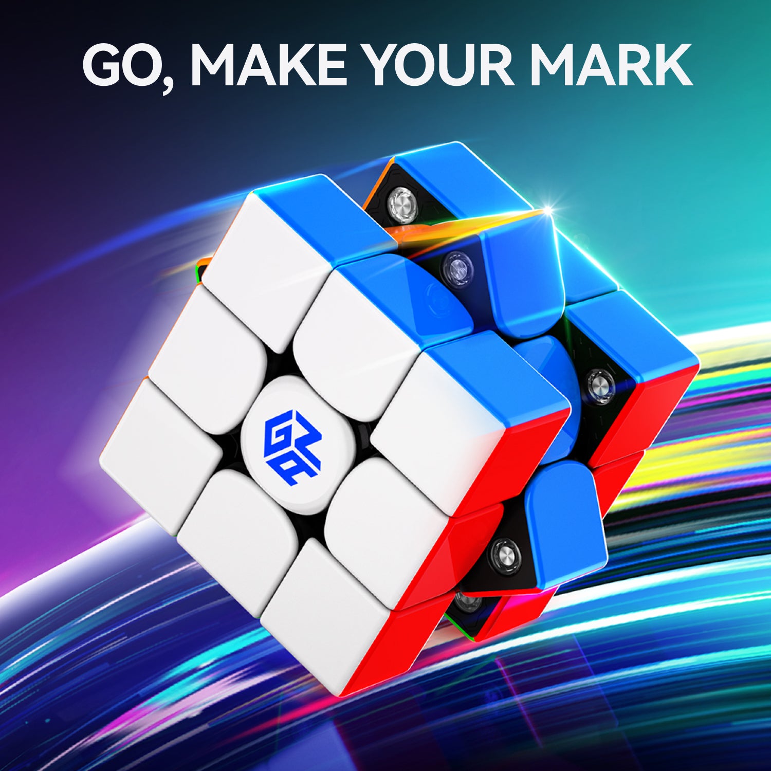 Speedy GAN 3x3 magnetic Rubik's Cube with white, blue, and red tiles, futuristic motion streaks