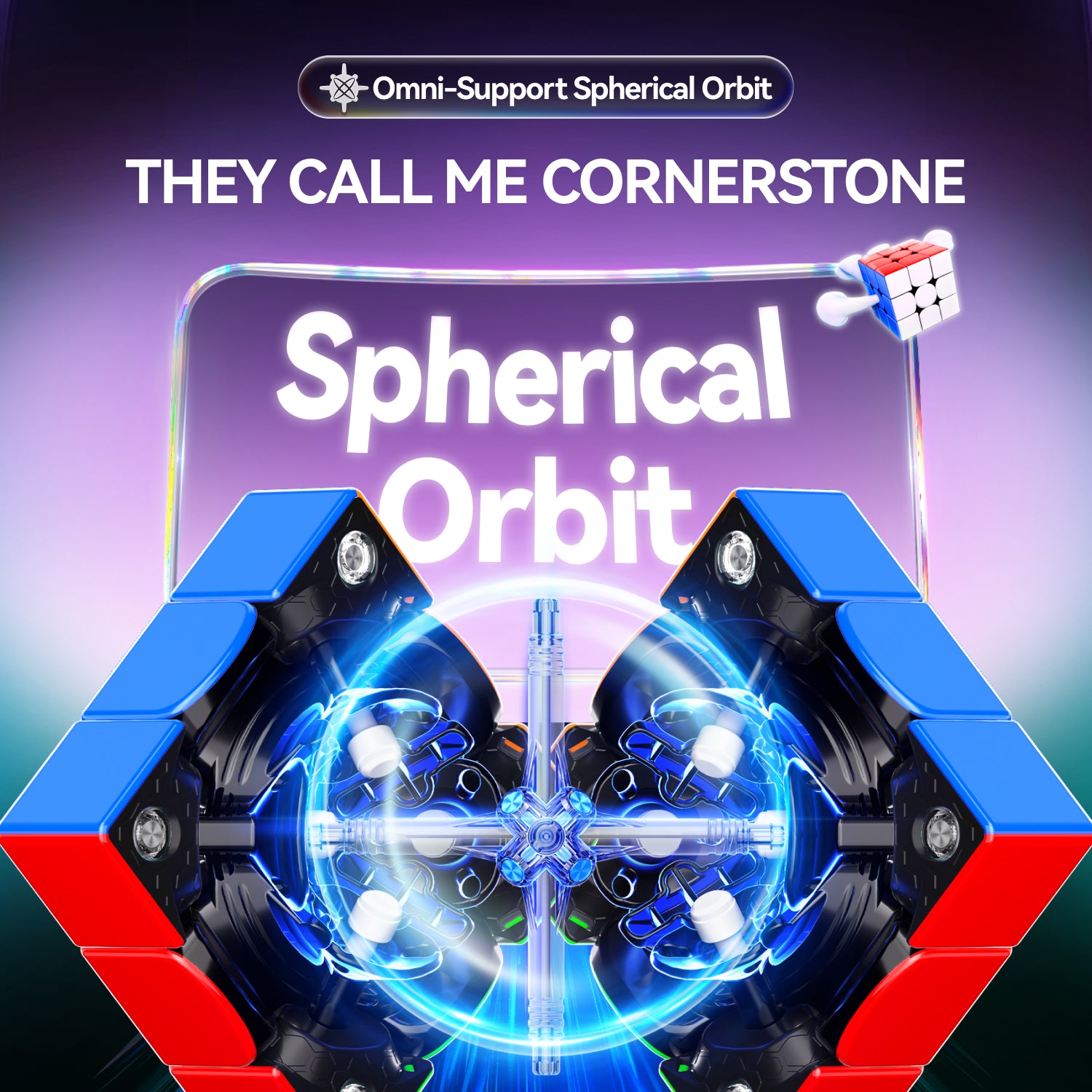 Close-up of a blue and red speed cube mechanism highlighting Spherical Orbit corner design