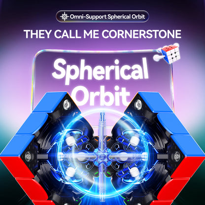 Close-up of a blue and red speed cube mechanism highlighting Spherical Orbit corner design