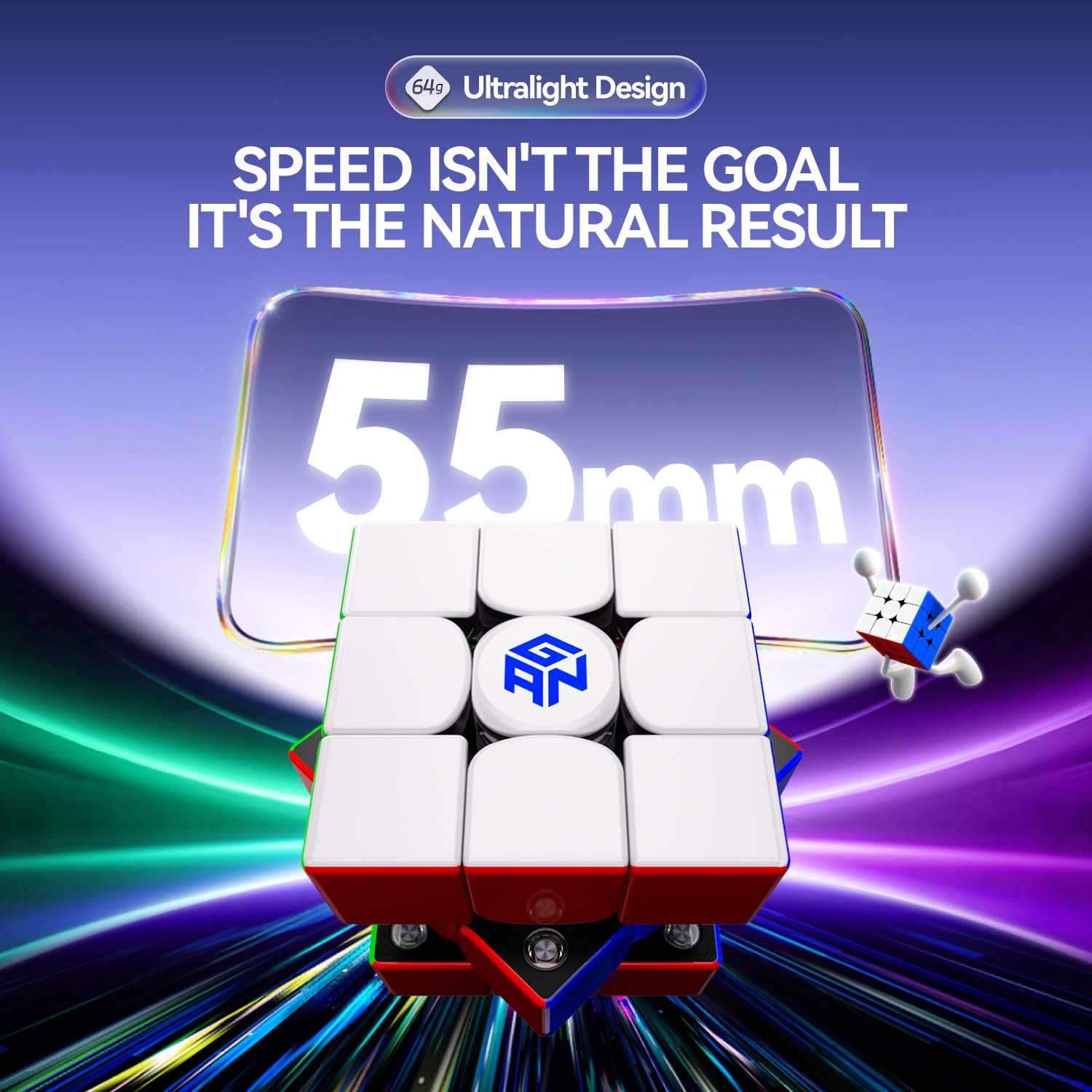 Ultralight 55mm GAN magnetic speed cube with colorful light trails and speed quote
