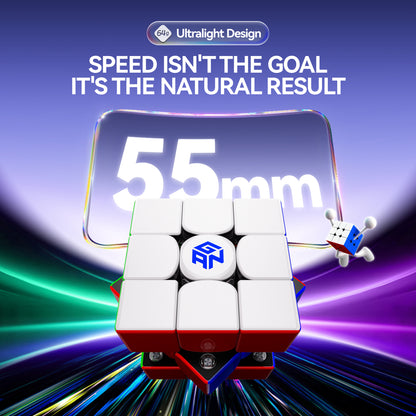 Ultralight 55mm GAN magnetic speed cube with colorful light trails and speed quote