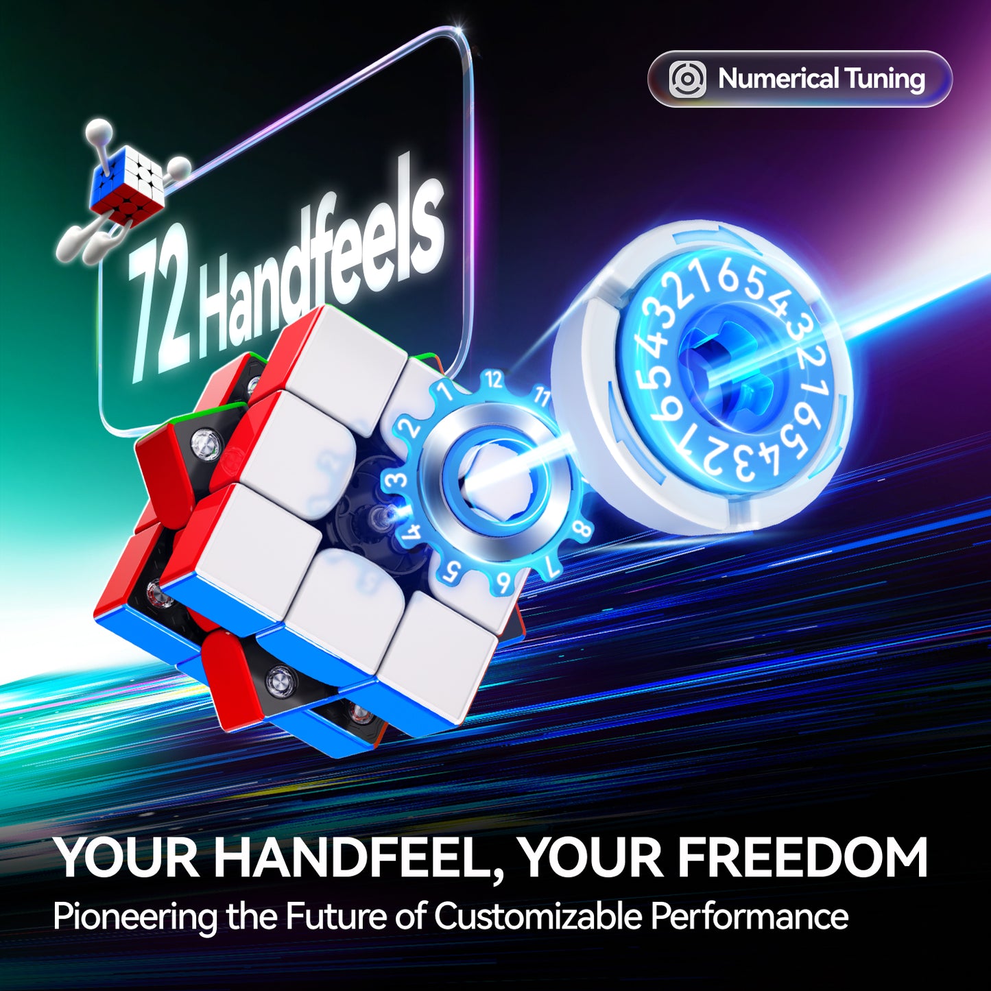 3x3 Rubik's Cube showing internal numerical tuning system with 72 handfeel settings for customizable performance