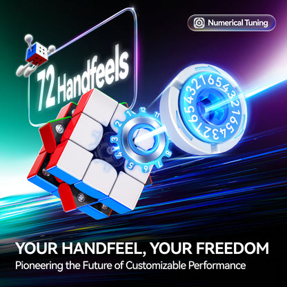 3x3 Rubik's Cube showing internal numerical tuning system with 72 handfeel settings for customizable performance