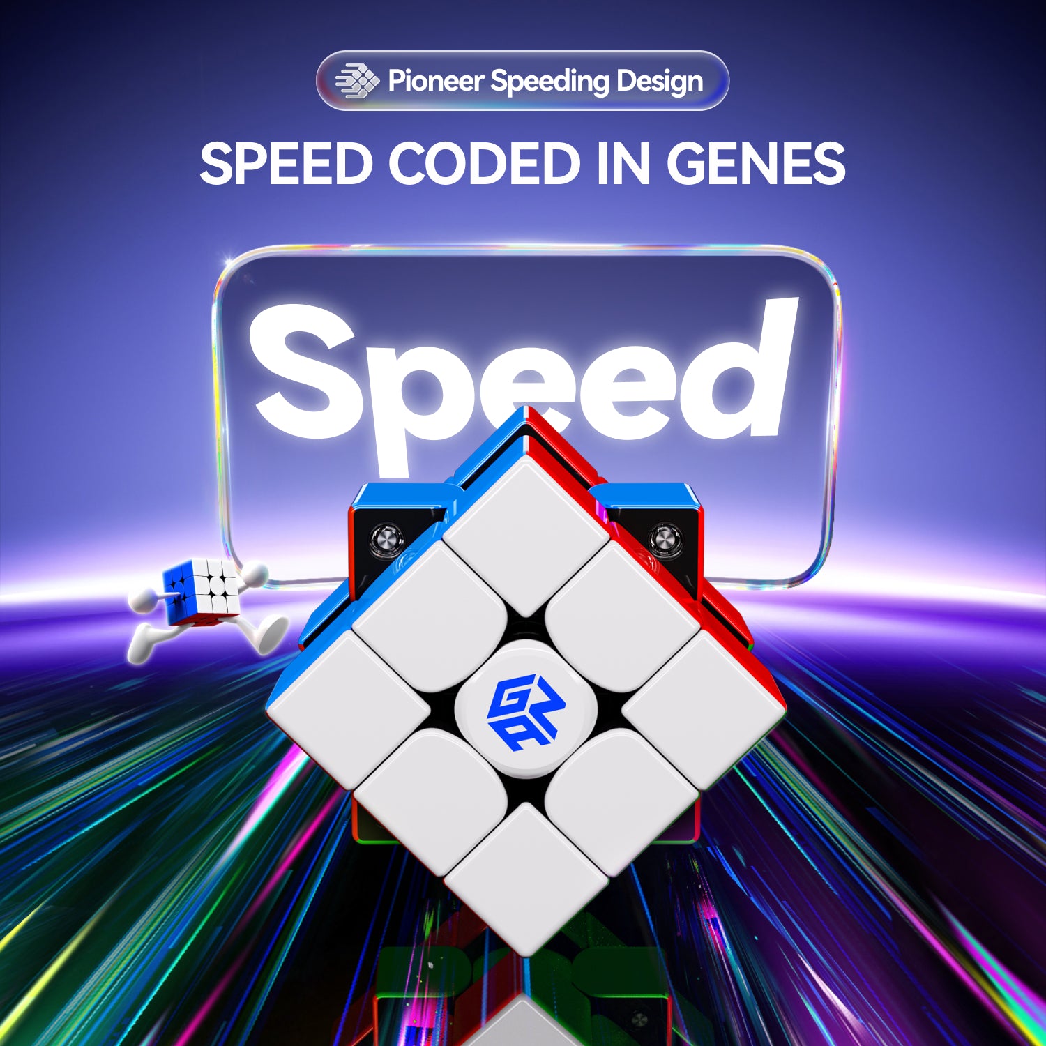 Gan 3x3 speed cube with Pioneer Speeding Design and tagline Speed Coded in Genes on vibrant background