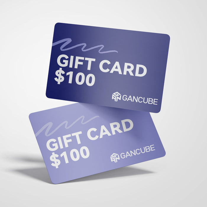 Two $100 GANCUBE gift cards in shades of blue with white text and logo on a light background