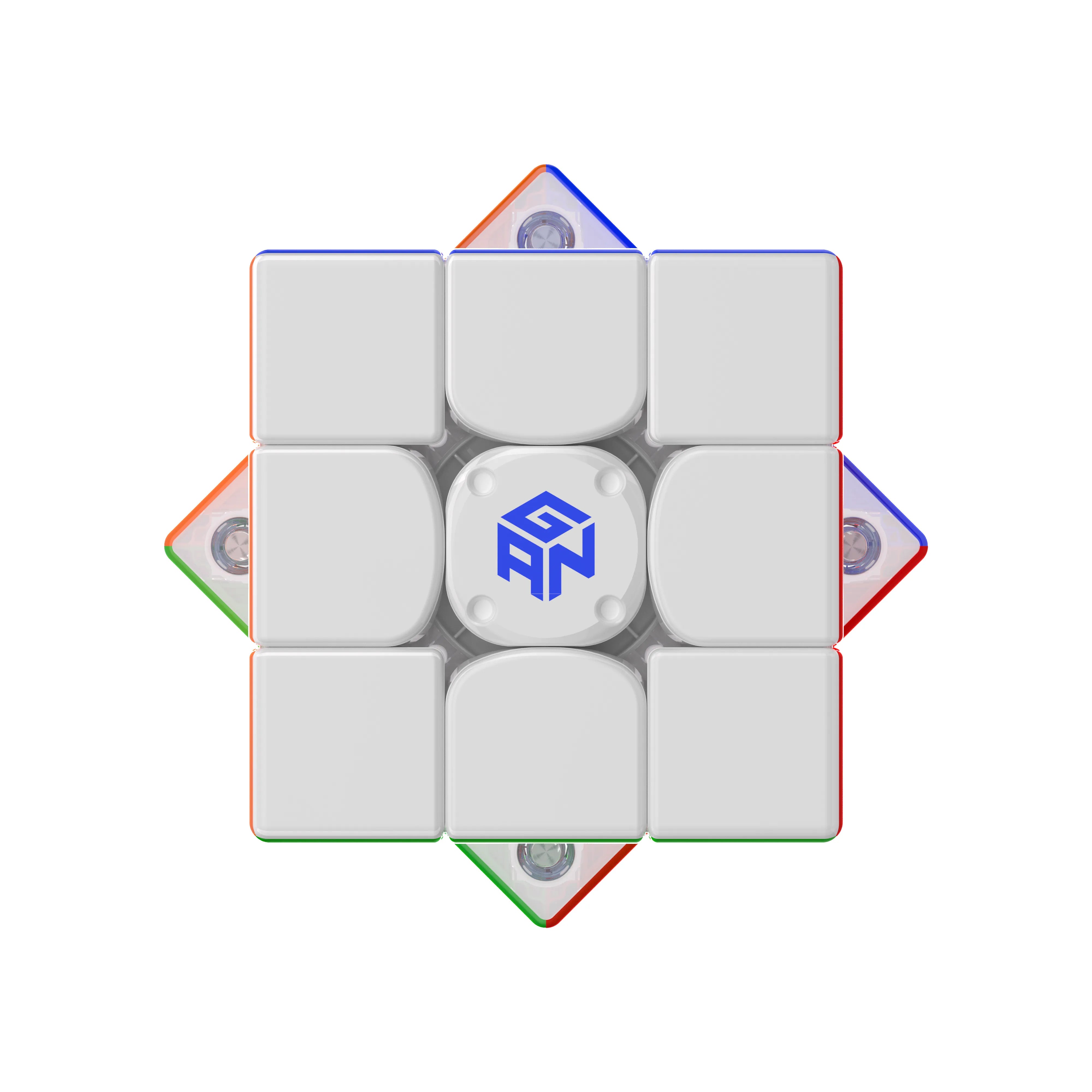 GAN speed cube with white face and blue logo, featuring colorful edge pieces and magnetic mechanism