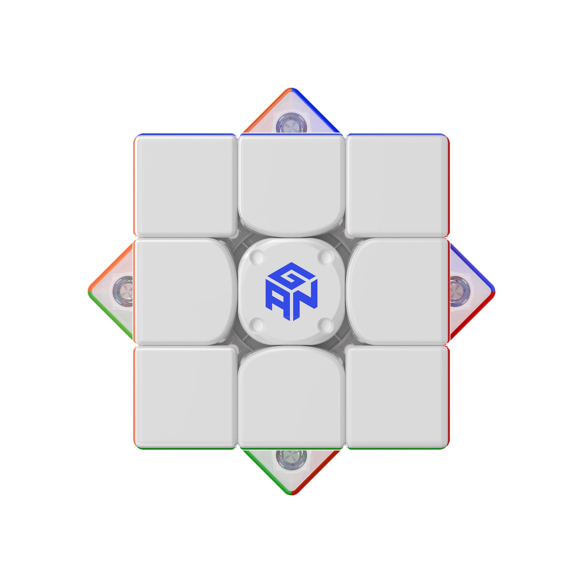 GAN speed cube with white face and blue logo, featuring colorful edge pieces and magnetic mechanism