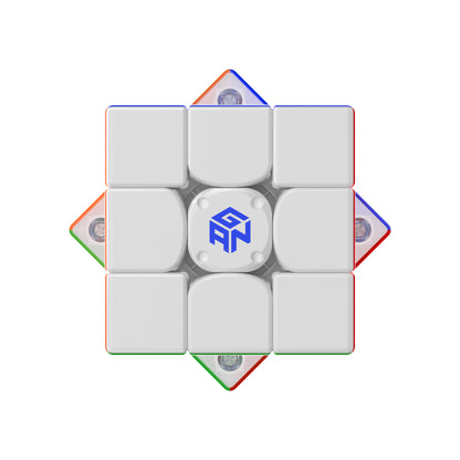 White puzzle cube with colorful edges on a white background