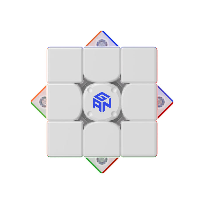 White puzzle cube with colorful edges on a white background