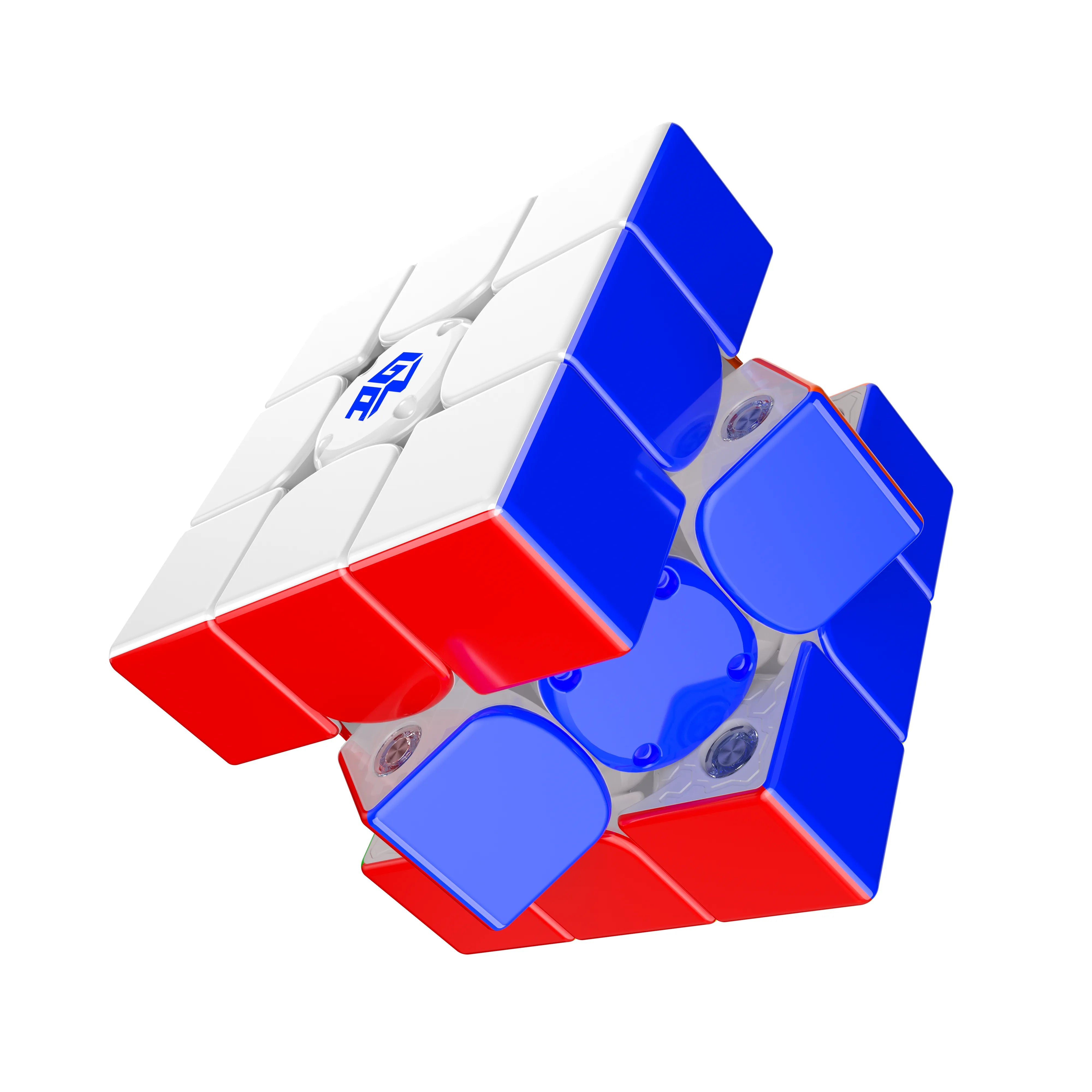 Red and blue puzzle cube on a white background