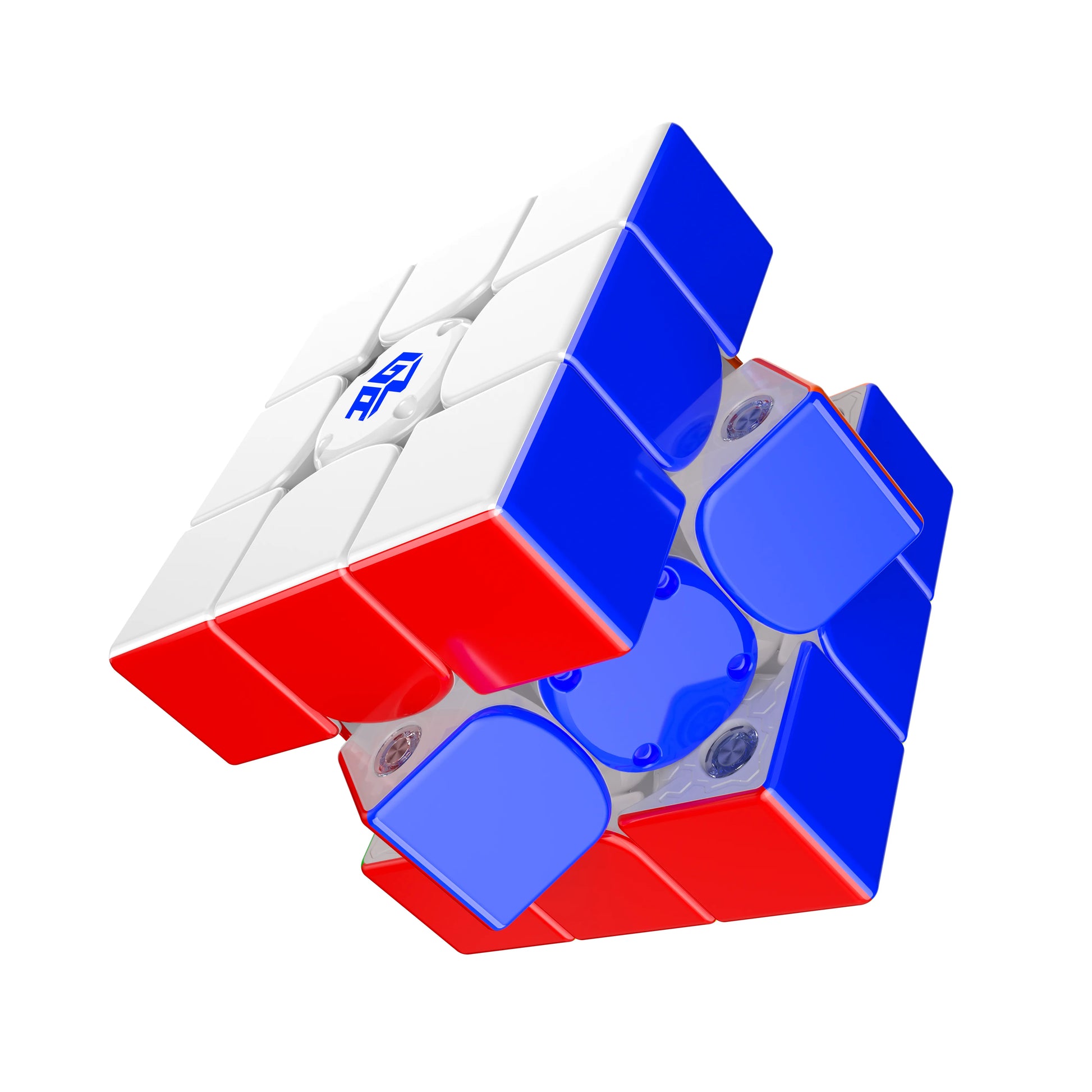 Red and blue puzzle cube on a white background