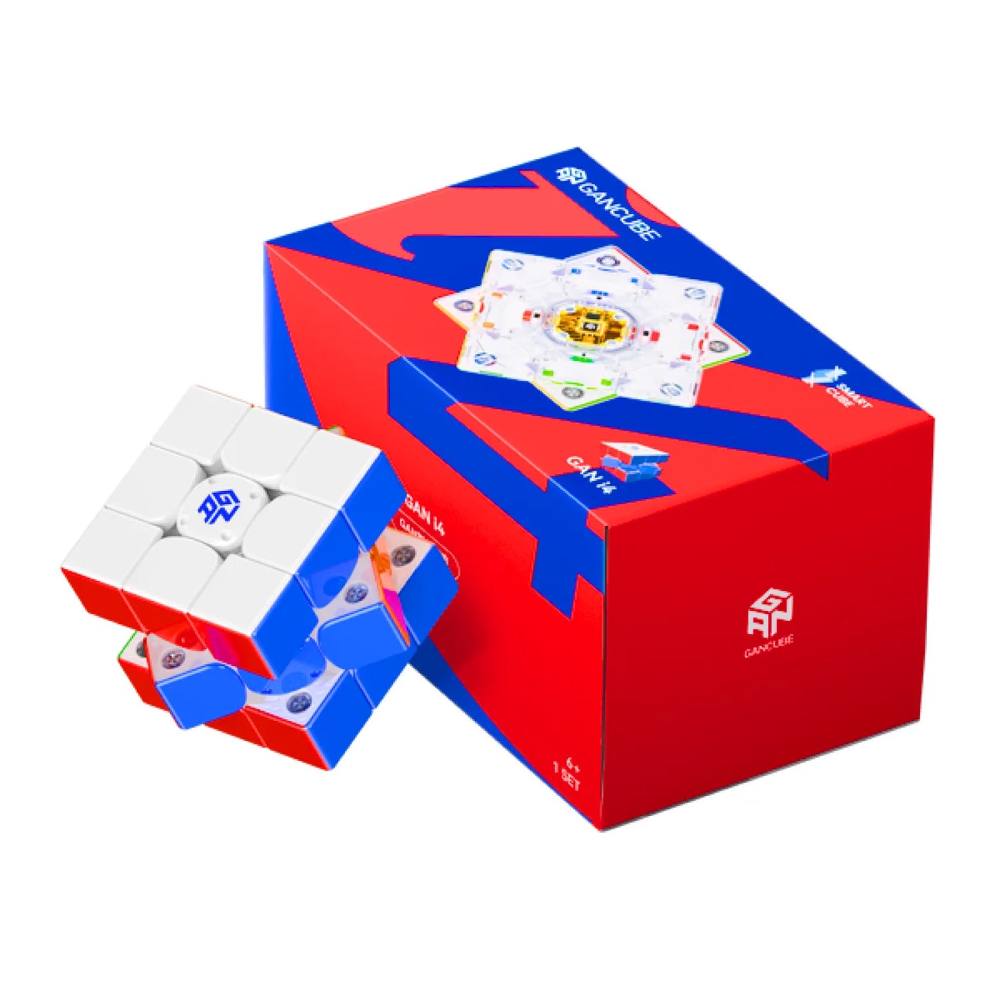 Red and blue GAN356 cube with packaging on a white background