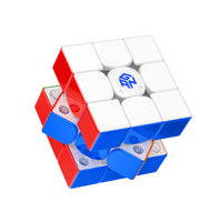 Rubik's Cube-like puzzle with red, blue, and white sides on a white background